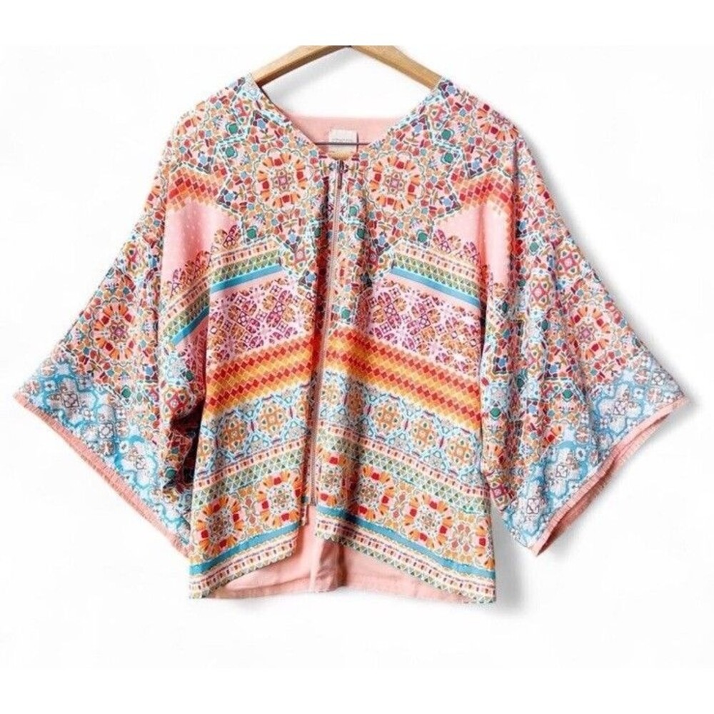 Chicos Womens Mosaic Zip Up Blouse Kimono Jacket Size 3 Petite (XL) Fringe Artsy